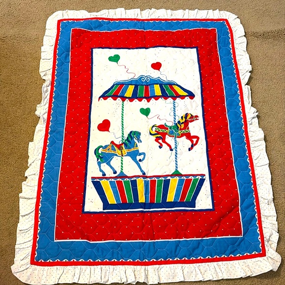 Vintage Other - Vintage Baby Children’s Blanket Carousel Horse Handmade crib size heart balloons